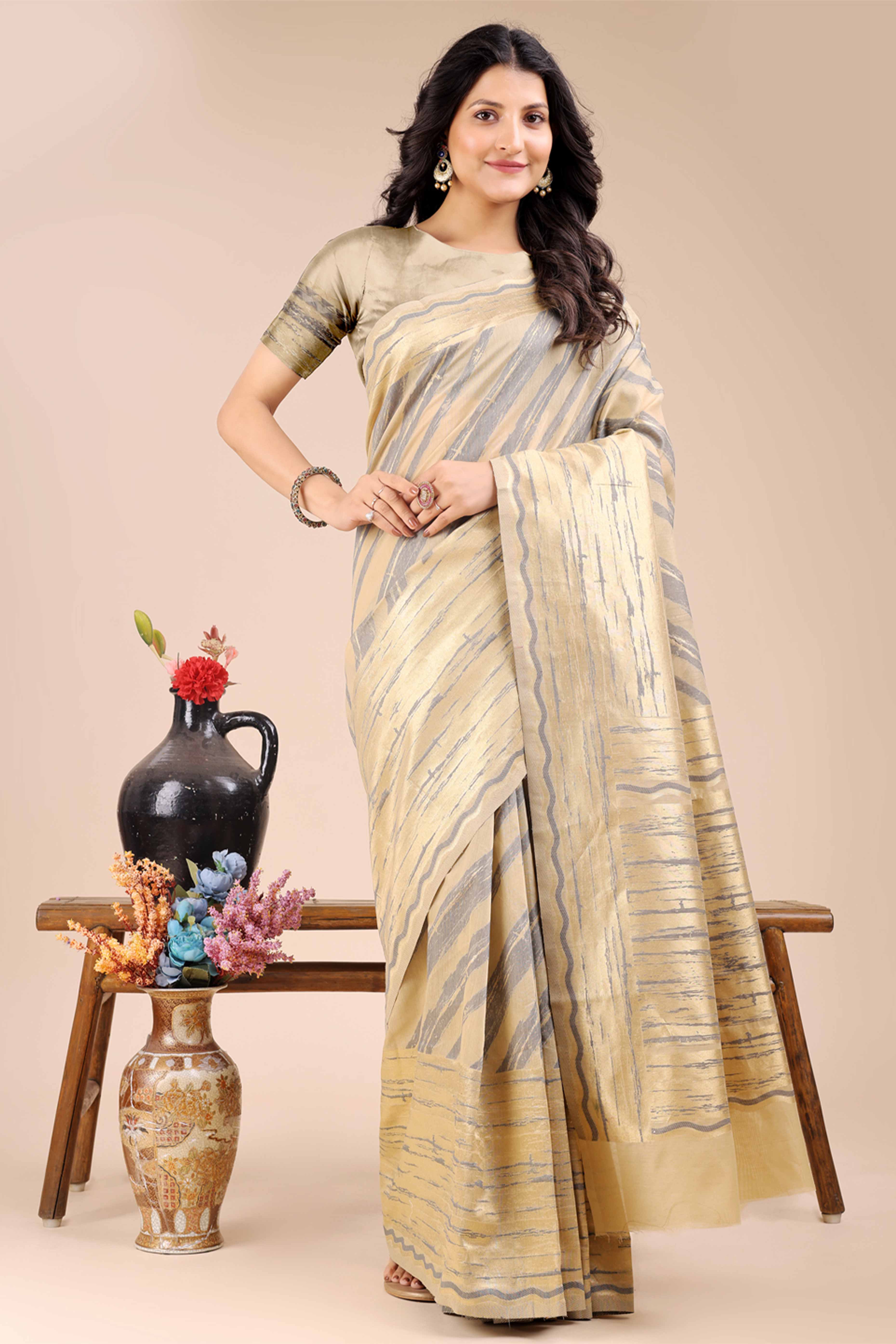 Cream Saree in Cotton Silk with Heritage Inspired Zari Woven Accents