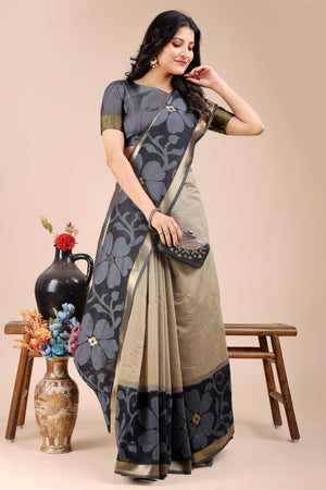 Beige & Black Saree in Cotton Silk with Heritage Inspired Zari Woven Accents