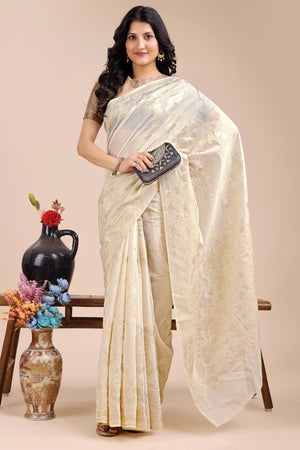 Off White Saree in Cotton Silk with Heritage Inspired Zari Woven Accents