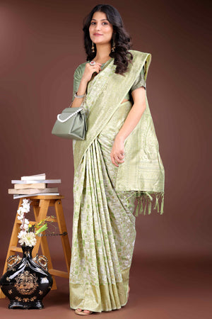 Stunning Light Green Geometric Style Zari Weaving Cotton Blend Saree Adorned with Exquisite Tassels