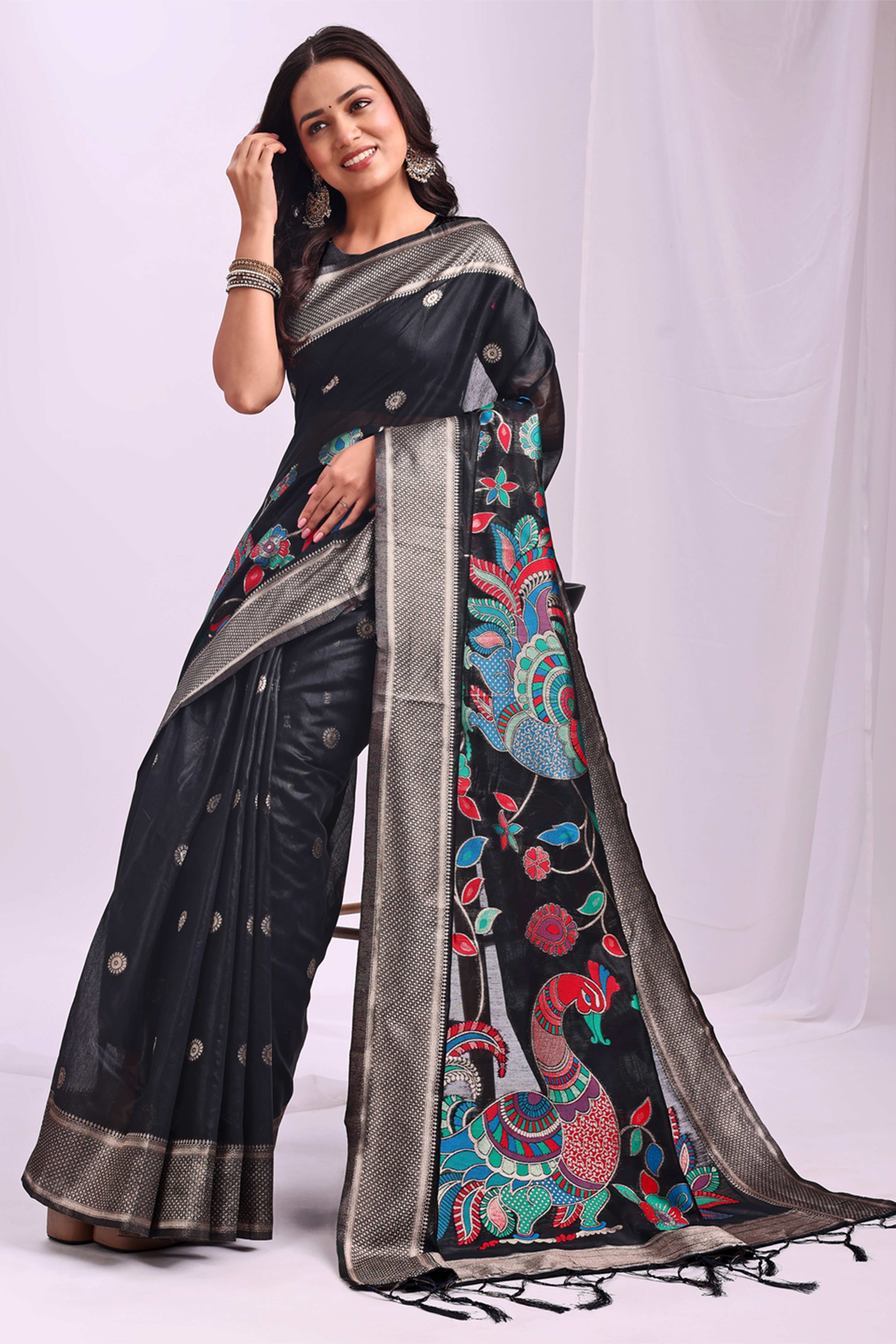 Black Floral Woven Linen Cotton Saree Accented With Peacock Motif Pallu & Zari Border