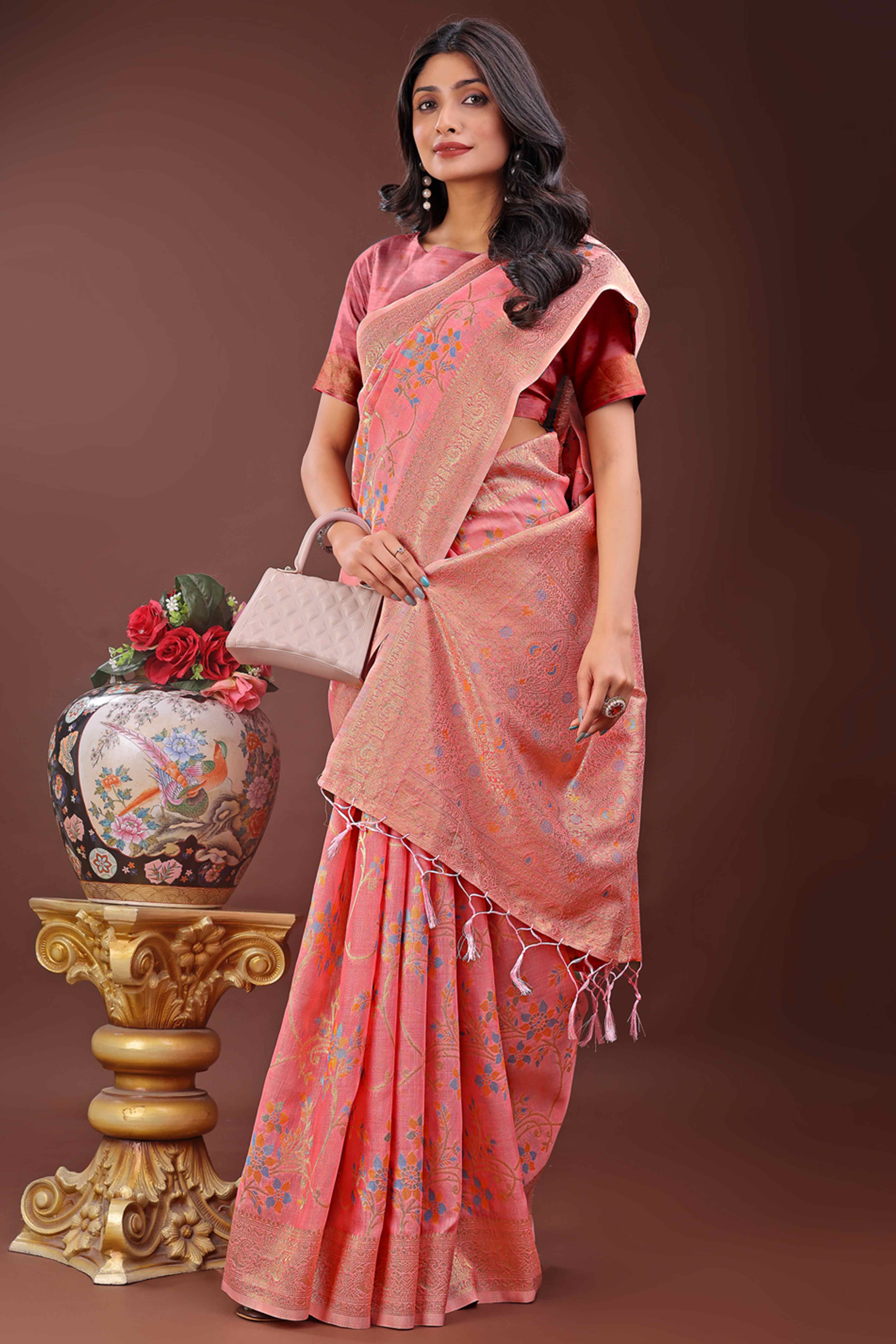 Gajari Pink Linen Cotton Saree With Intricate Floral Zari Weaving & Tassel Edge