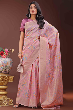 Light Pink Linen Cotton Saree With Intricate Floral Zari Weaving & Tassel Edge
