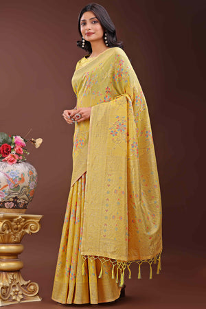 Yellow Linen Cotton Saree With Intricate Floral Zari Weaving & Tassel Edge