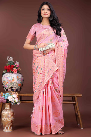Stunning Floral Zari Weaving Embellished Pink Saree In Linen Cotton with Tassel Accents