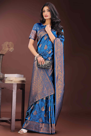 Blue Banarasi Saree in Silk with Intricately Woven Zari Florals