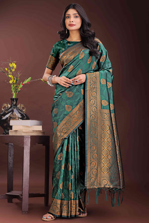 Dark Green Banarasi Saree in Silk with Intricately Woven Zari Florals