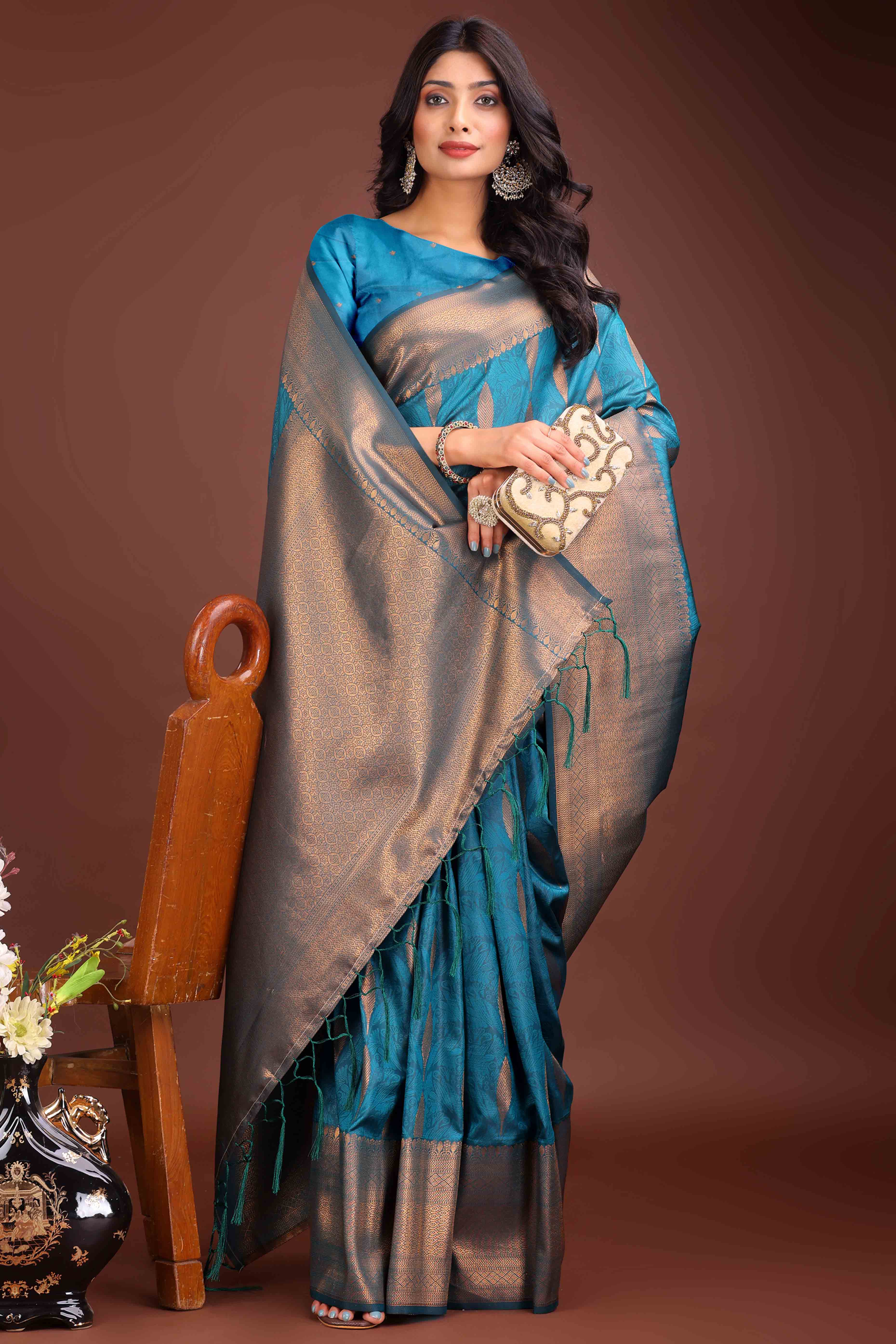 Morpich Blue Zari Woven Banarasi Silk Saree With Timeless Tassel Border