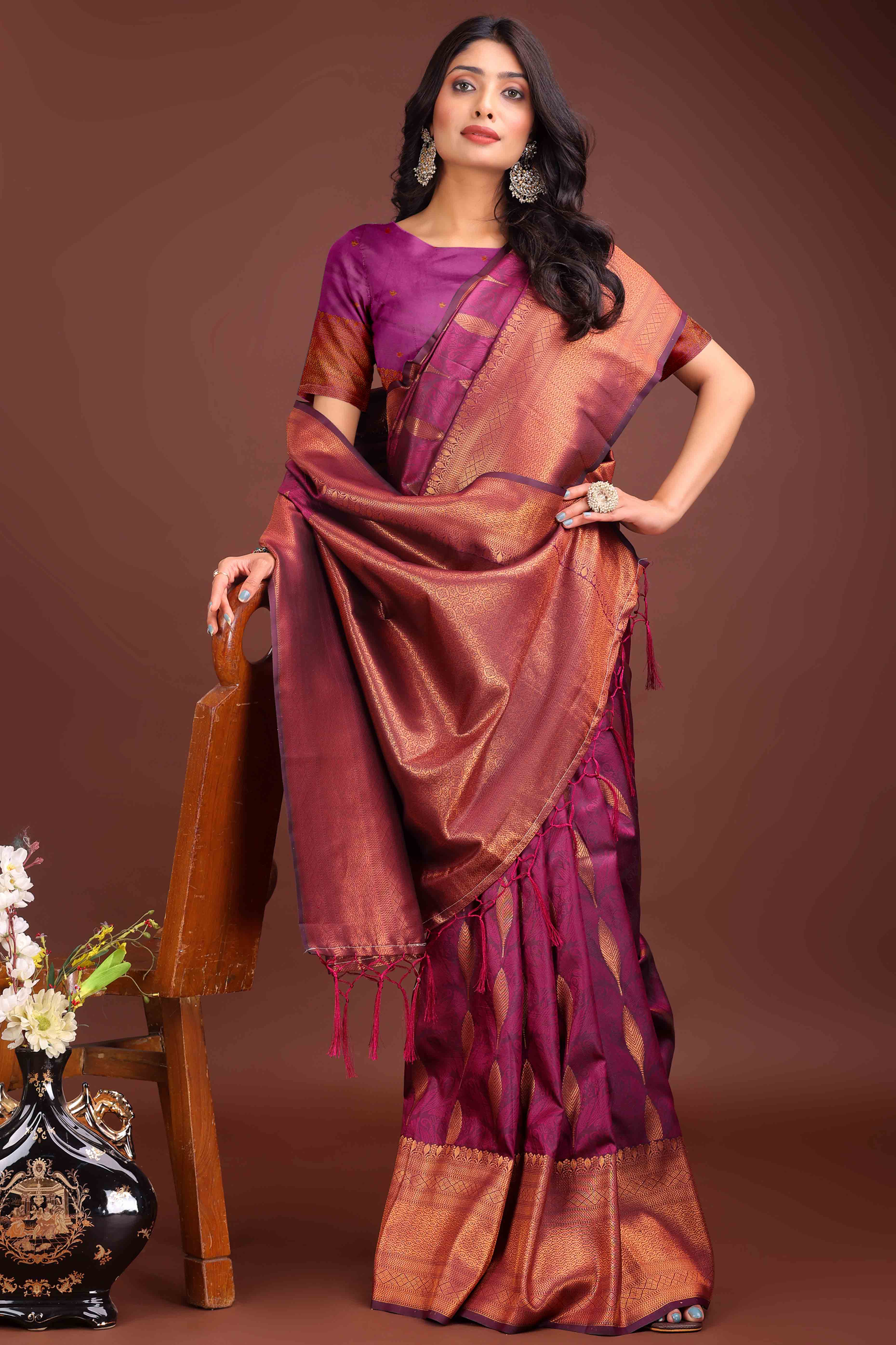 Magenta Zari Woven Banarasi Silk Saree With Timeless Tassel Border