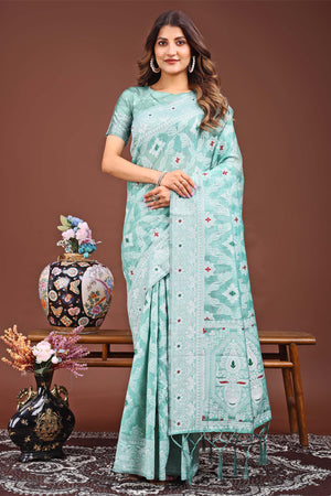 Traditional Bandhani Inspired Woven Sea Green Saree in Breathable Linen Cotton