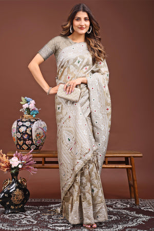 Traditional Bandhani Inspired Woven Brown Saree in Breathable Linen Cotton