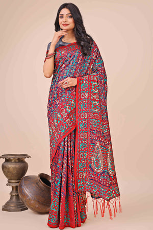 Red & Blue Floral Woven Cotton Blend Saree With A Breezy Tassel Finish