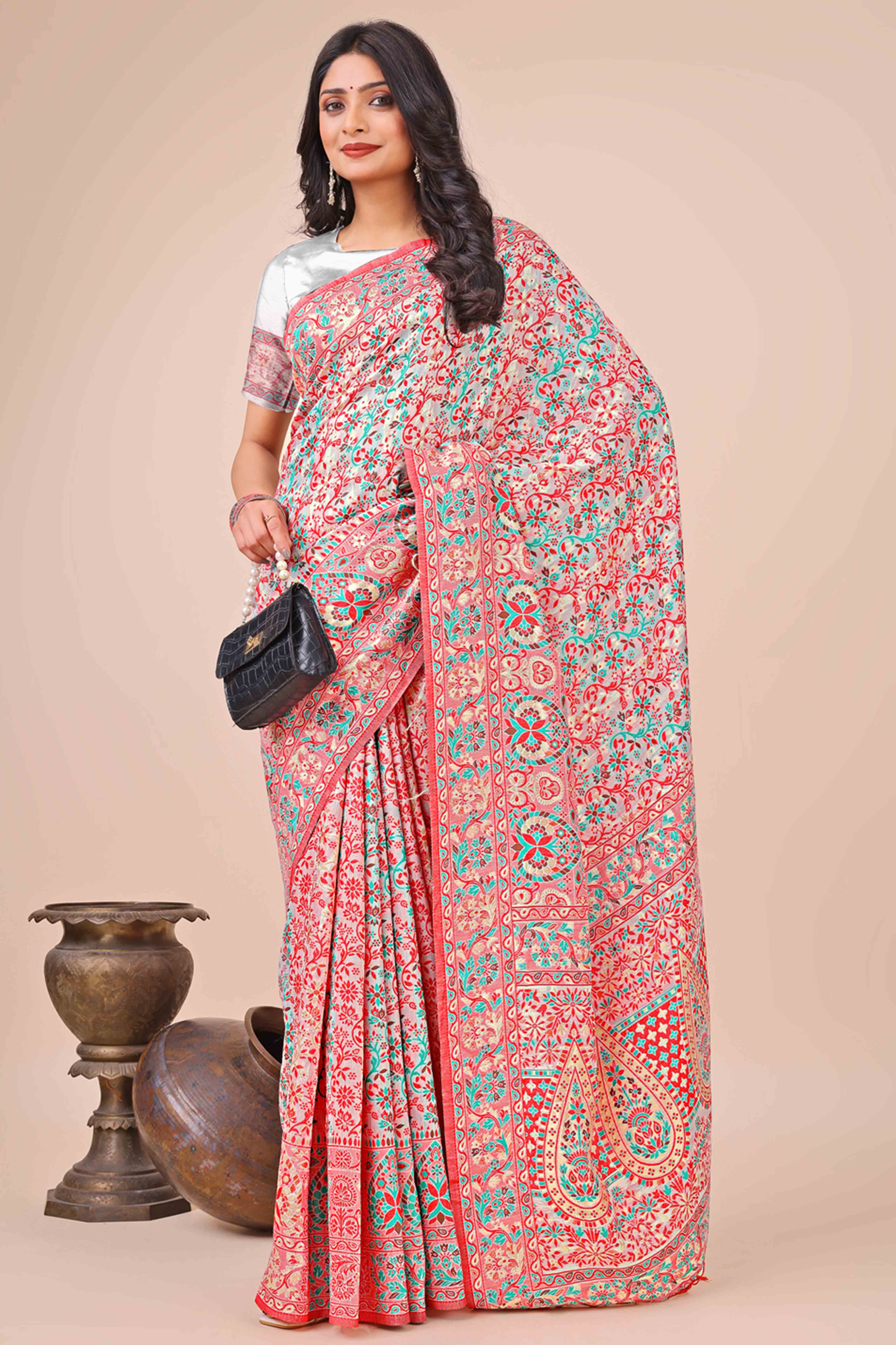 White Floral Woven Cotton Blend Saree With A Breezy Tassel Finish