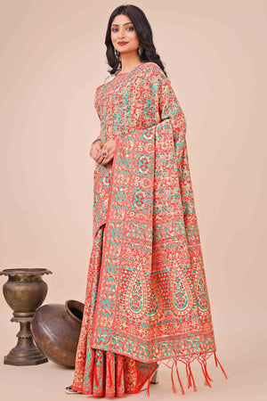 Cream Floral Woven Cotton Blend Saree With A Breezy Tassel Finish