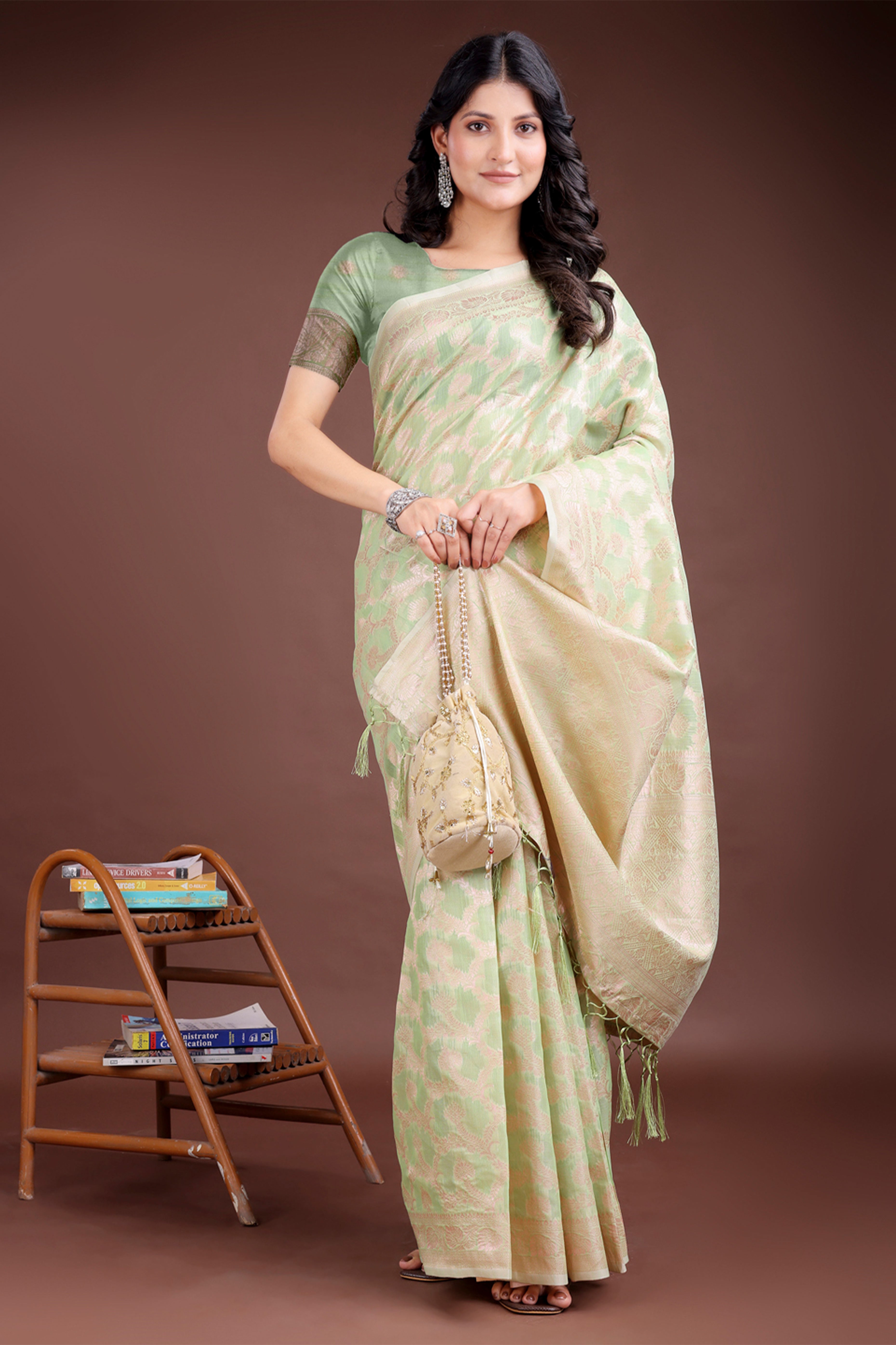 Light Green Linen Cotton Saree with Lustrous Zari Borders and Elegant Tassel Accents