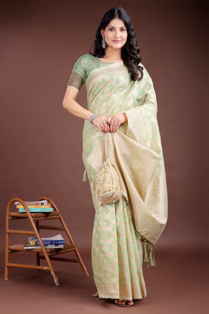 Light Green Linen Cotton Saree with Lustrous Zari Borders and Elegant Tassel Accents