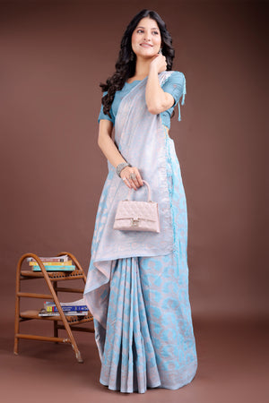 Sky Blue Linen Cotton Saree with Lustrous Zari Borders and Elegant Tassel Accents