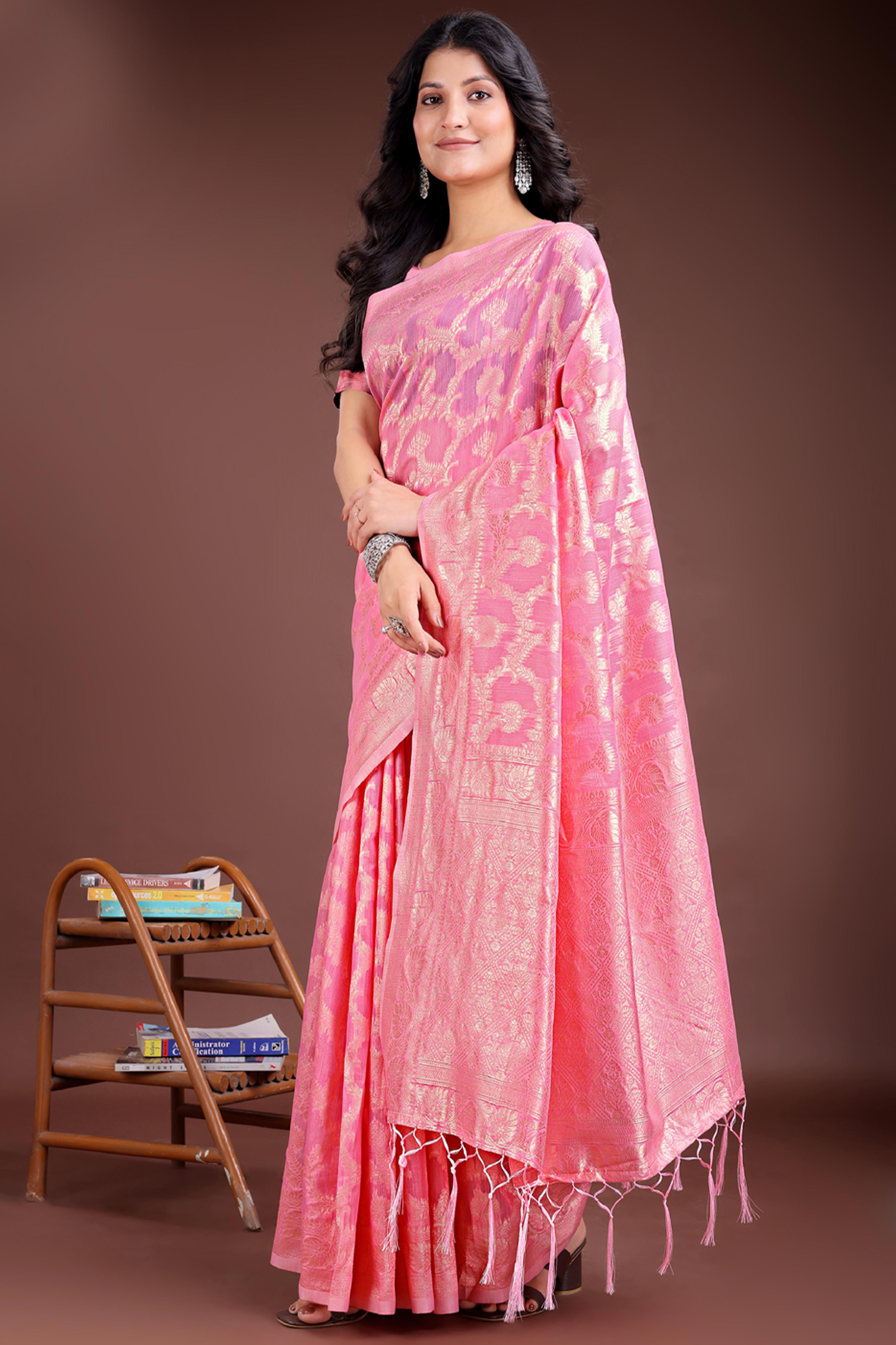 Pink Linen Cotton Saree with Lustrous Zari Borders and Elegant Tassel Accents