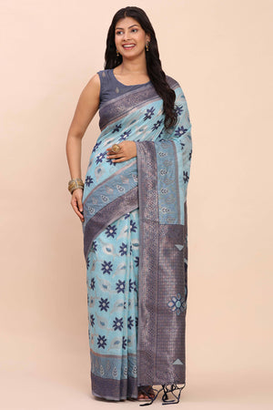 Sky Blue Patola Inspired Linen Cotton Saree Adorned With Zari Weaving & Graceful Tassel Pallu