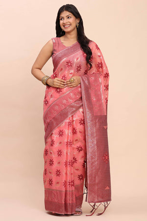 Salmon Pink Patola Inspired Linen Cotton Saree Adorned With Zari Weaving & Graceful Tassel Pallu