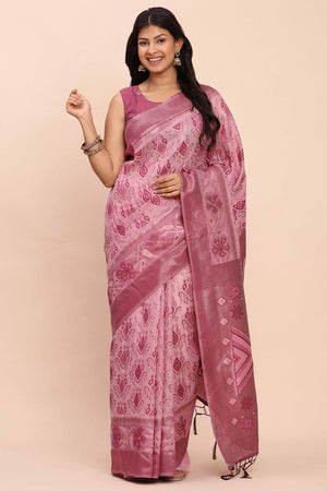 Onion Pink Patola Inspired Linen Cotton Saree Adorned With Zari Weaving & Graceful Tassel Pallu