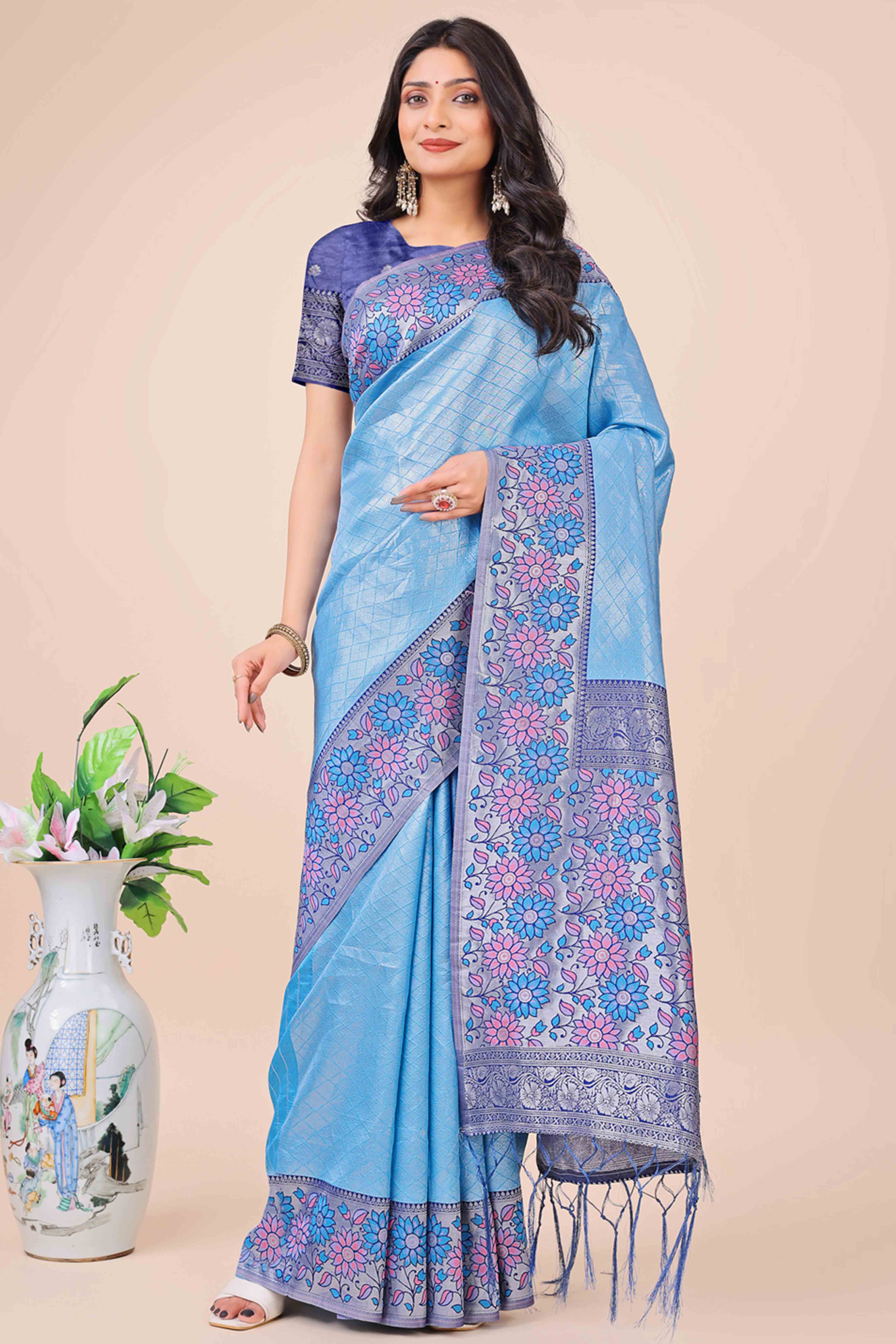 Blue Lichi Silk Blend Saree With Exquisite Floral Weaving & Graceful Tassel Details