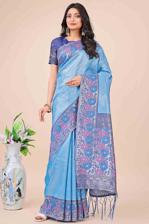 Blue Lichi Silk Blend Saree With Exquisite Floral Weaving & Graceful Tassel Details