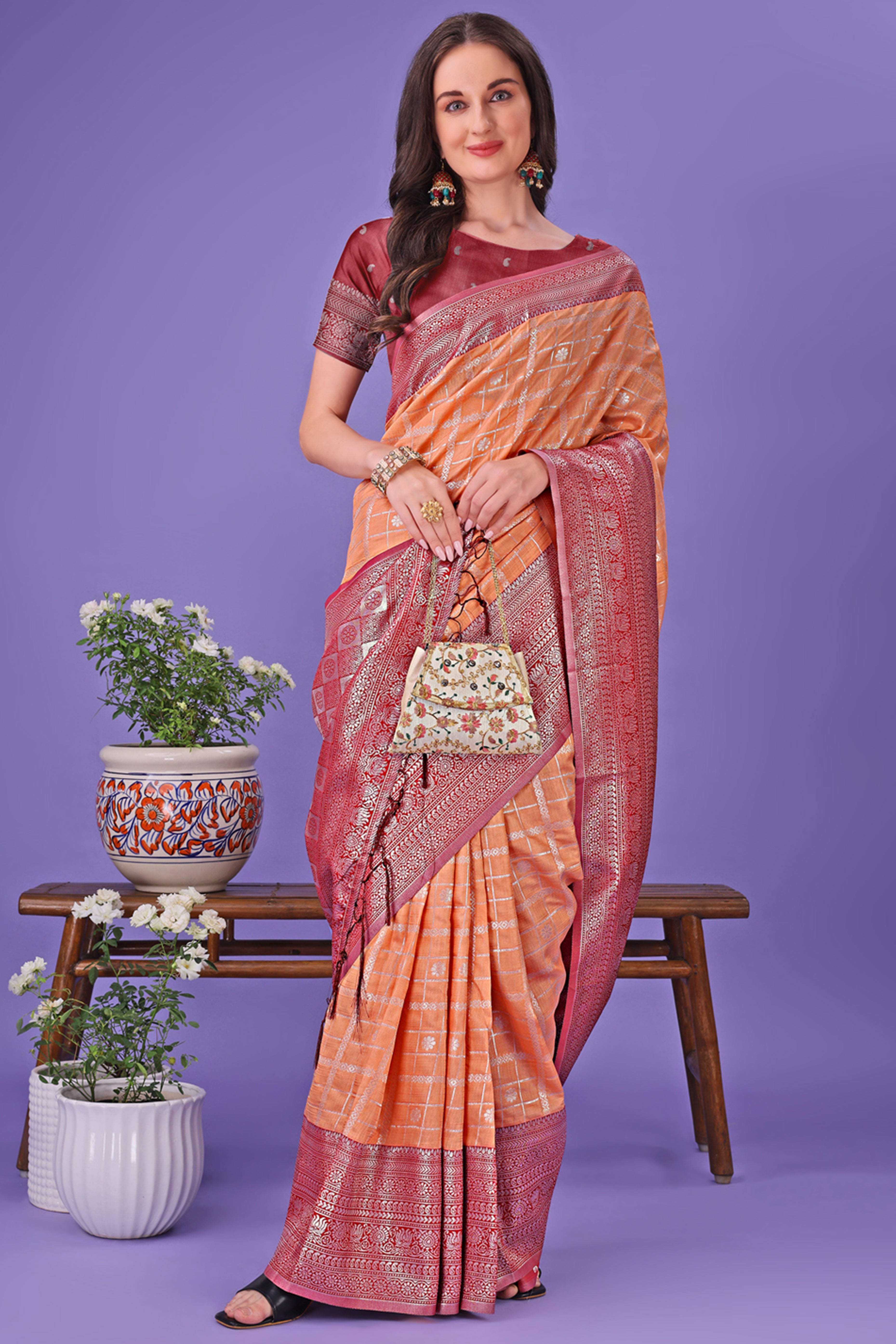 Orange Banarasi Weave in Checked Design with Lustrous Zari Embellishments