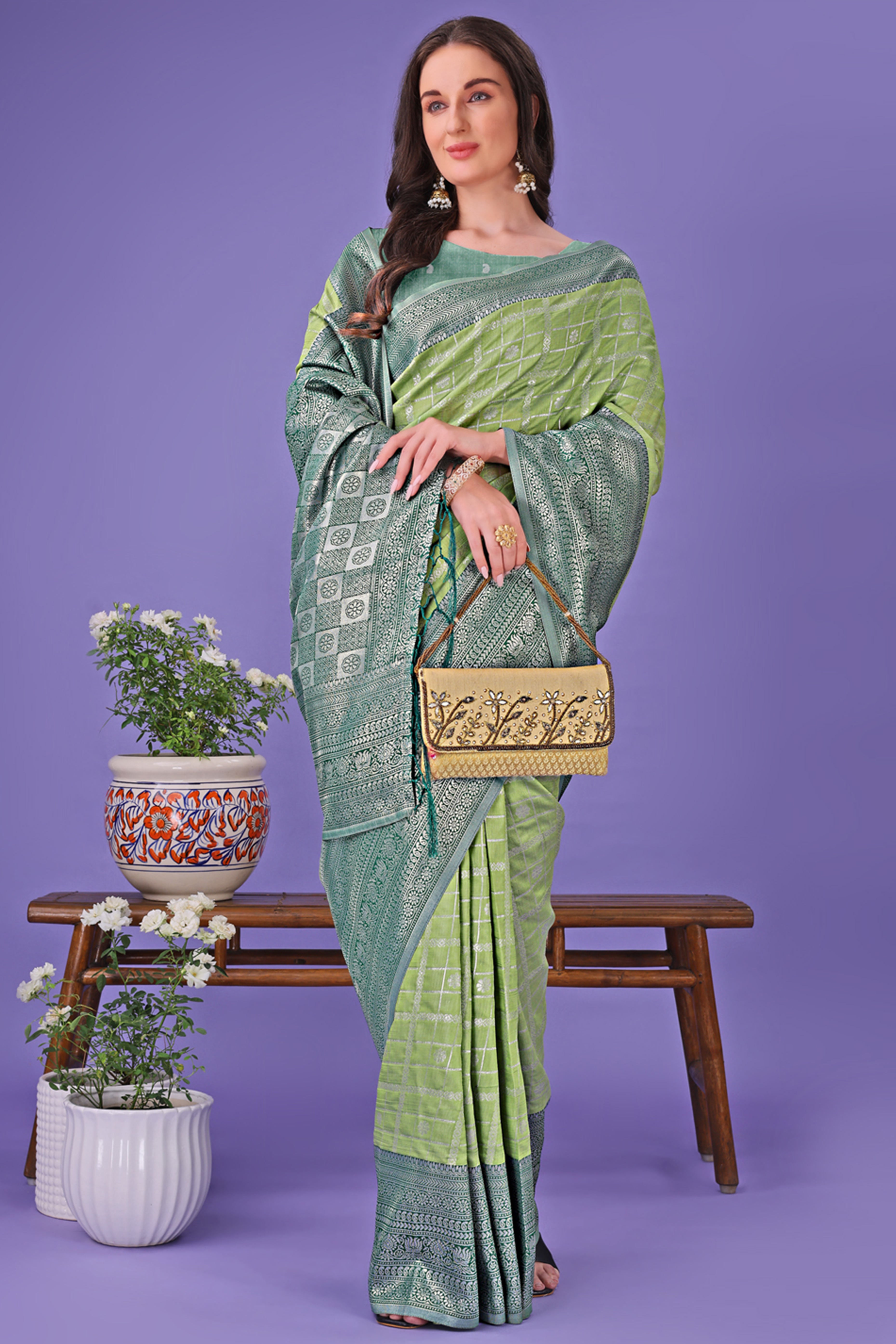 Light Green Banarasi Weave in Checked Design with Lustrous Zari Embellishments