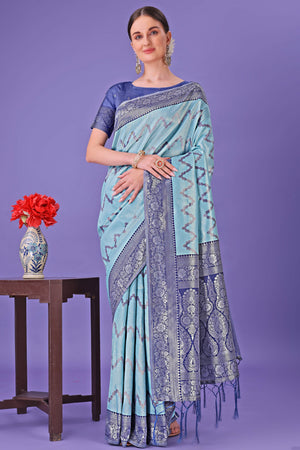 Sky Blue Lichi Cotton Silk Saree Adorned With Floral Zari Weave & Tassels