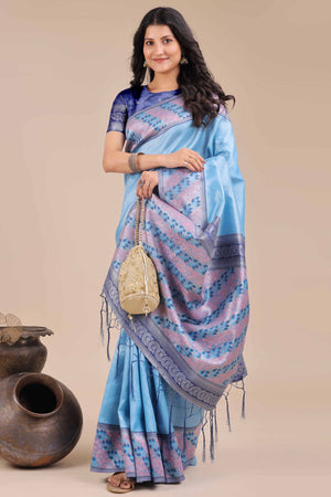 Blue Silk Blend Saree Embellished With Zari Weaving & Tassel Accents