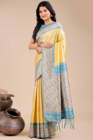 Yellow Silk Blend Saree Embellished With Zari Weaving & Tassel Accents