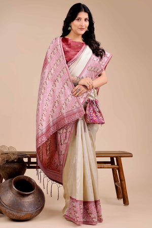 Cream Silk Blend Saree Embellished With Zari Weaving & Tassel Accents