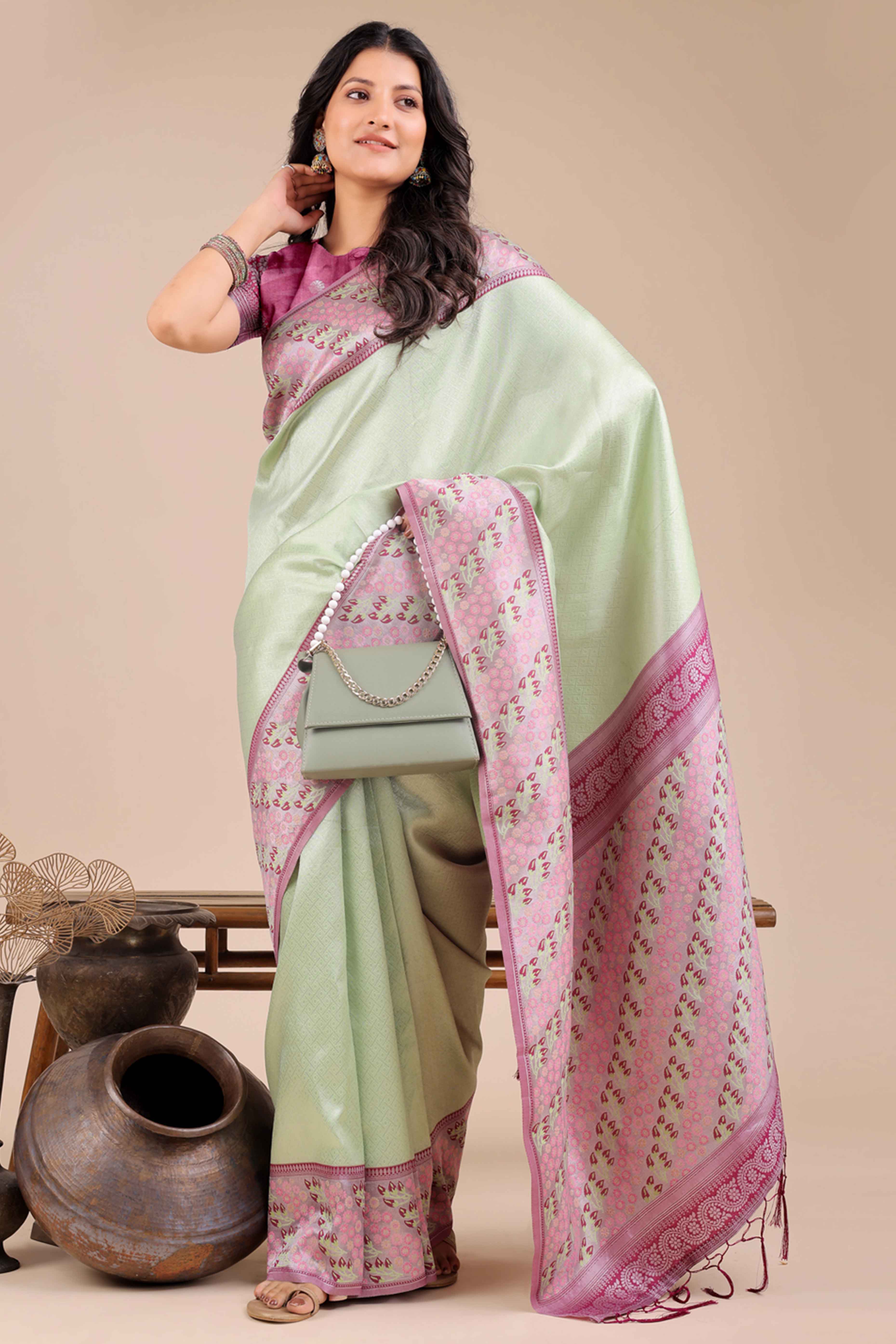 Light Green Silk Blend Saree Embellished With Zari Weaving & Tassel Accents