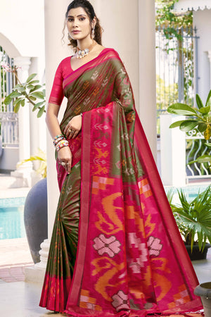 Olive Green Ikat Woven Silk Saree for Festive Celebrations