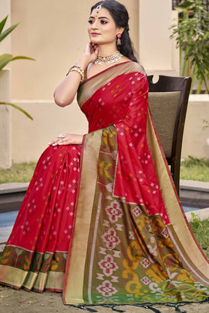 Red Ikat Woven Silk Saree for Festive Celebrations