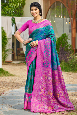 Graceful Morpich Blue Pochampally Silk Blend Saree Adorned With Floral Weaving & Tassel Pallu