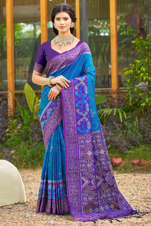 Graceful Blue Pochampally Silk Blend Saree Adorned With Floral Weaving & Stylish Tassel Pallu
