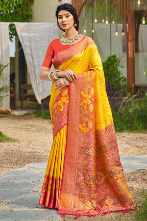 Graceful Yellow Pochampally Silk Blend Saree Adorned With Floral Weaving & Stylish Tassel Pallu