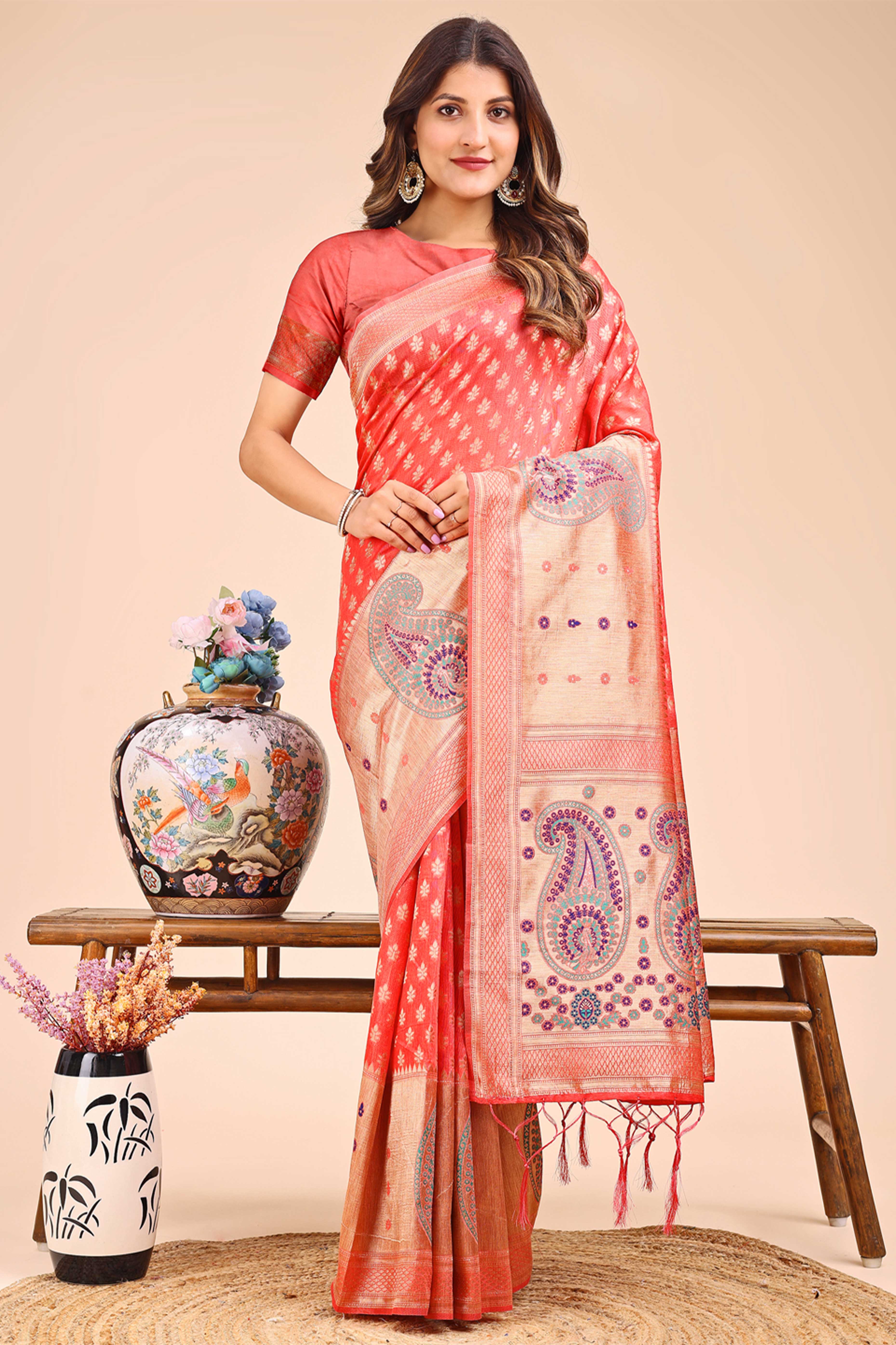 Peach Zari Butti Weaving Linen Cotton Saree