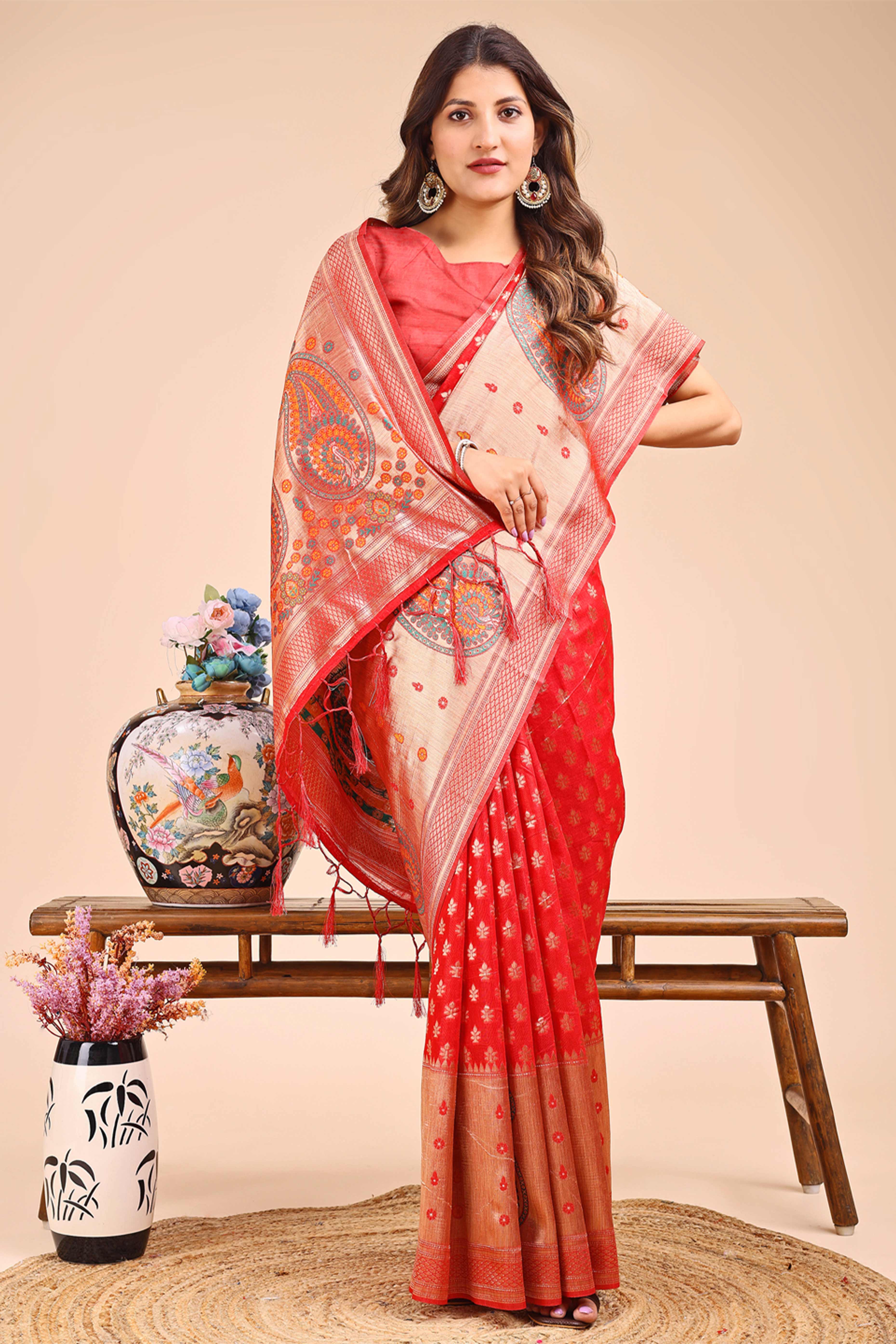 Red Zari Butti Weaving Linen Cotton Saree