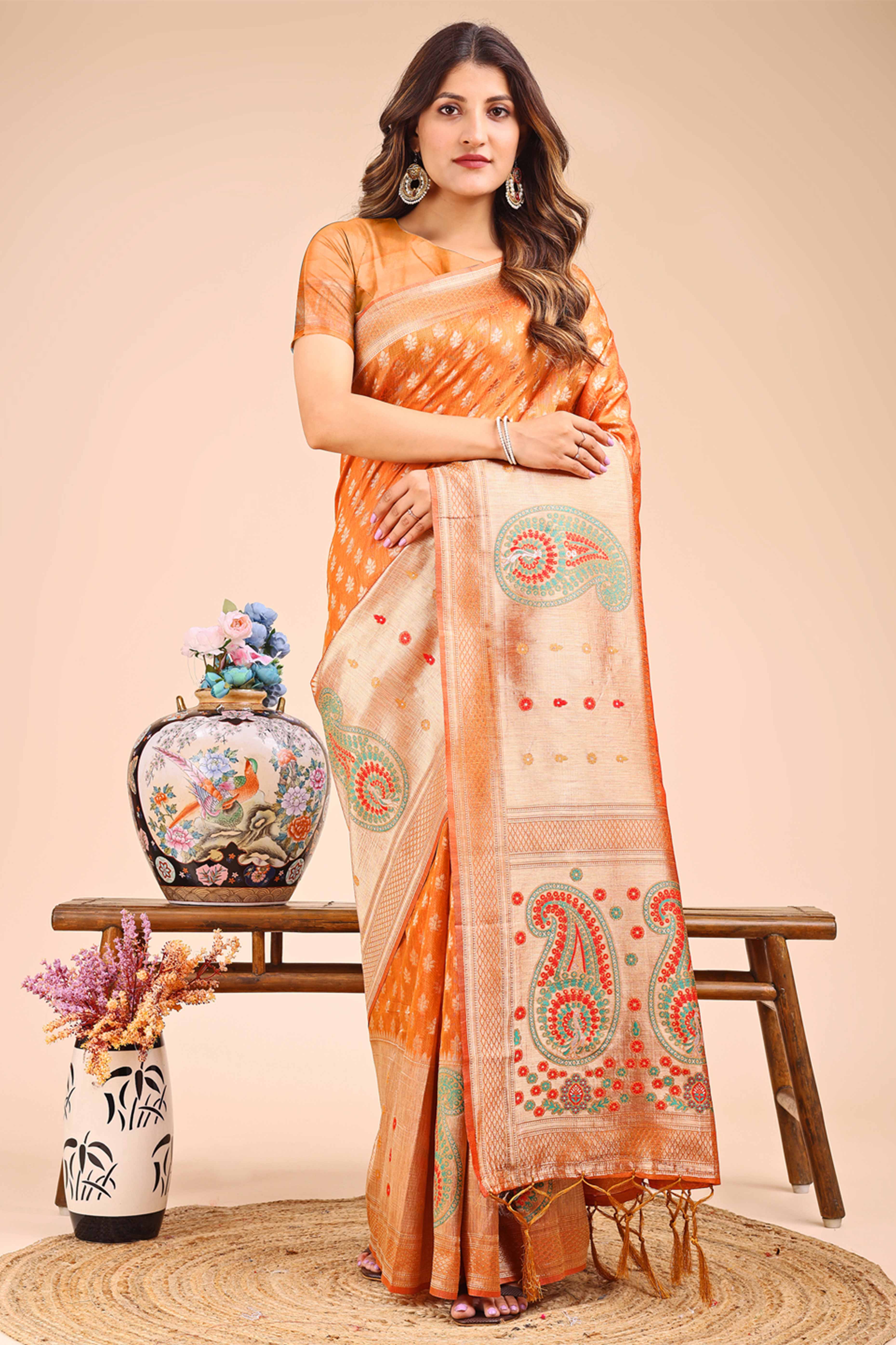 Rust Orange Zari Butti Weaving Linen Cotton Saree