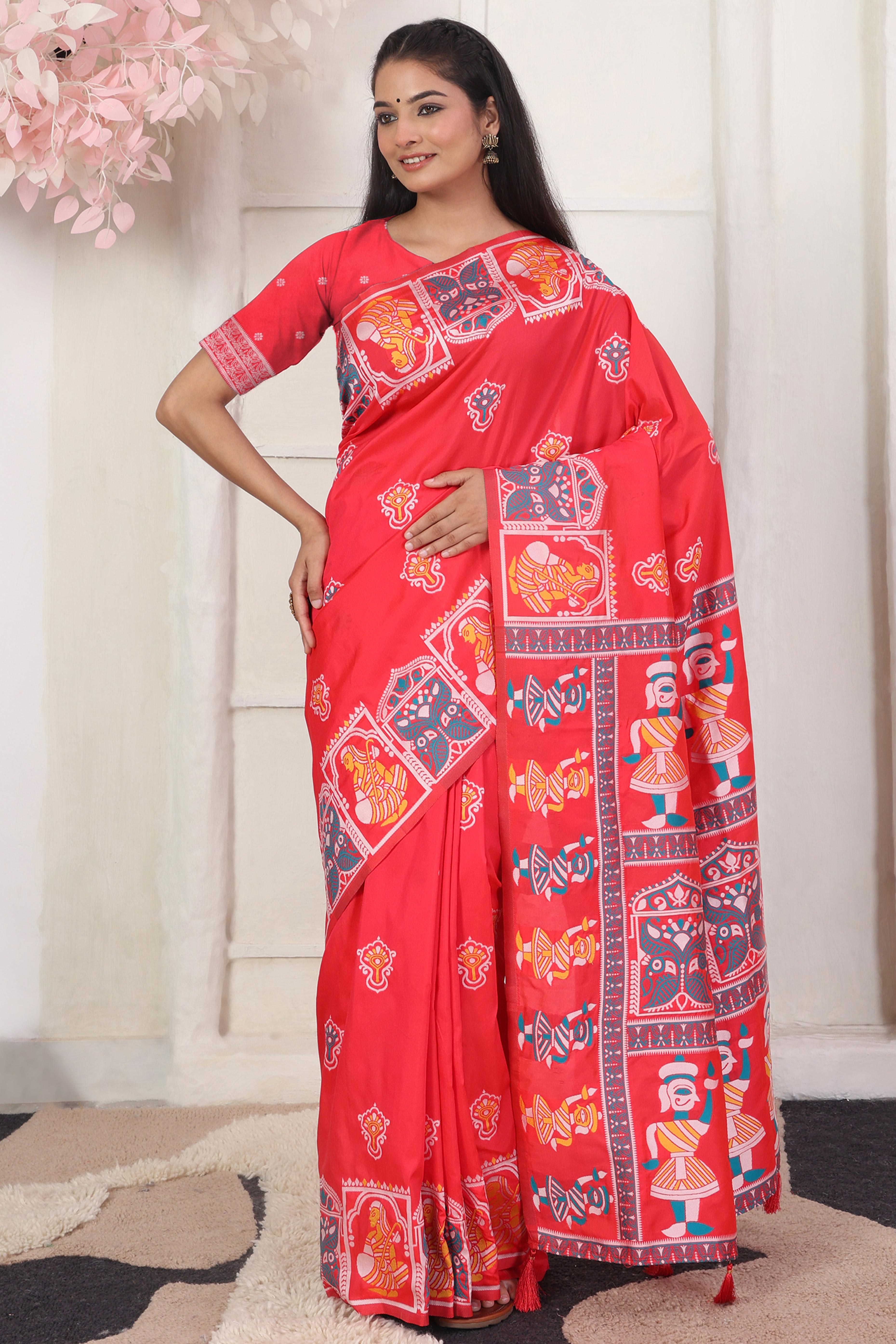 Red Ethnic Madhubani Print Silk Blend Saree Enhanced With Tassel Pallu Accents