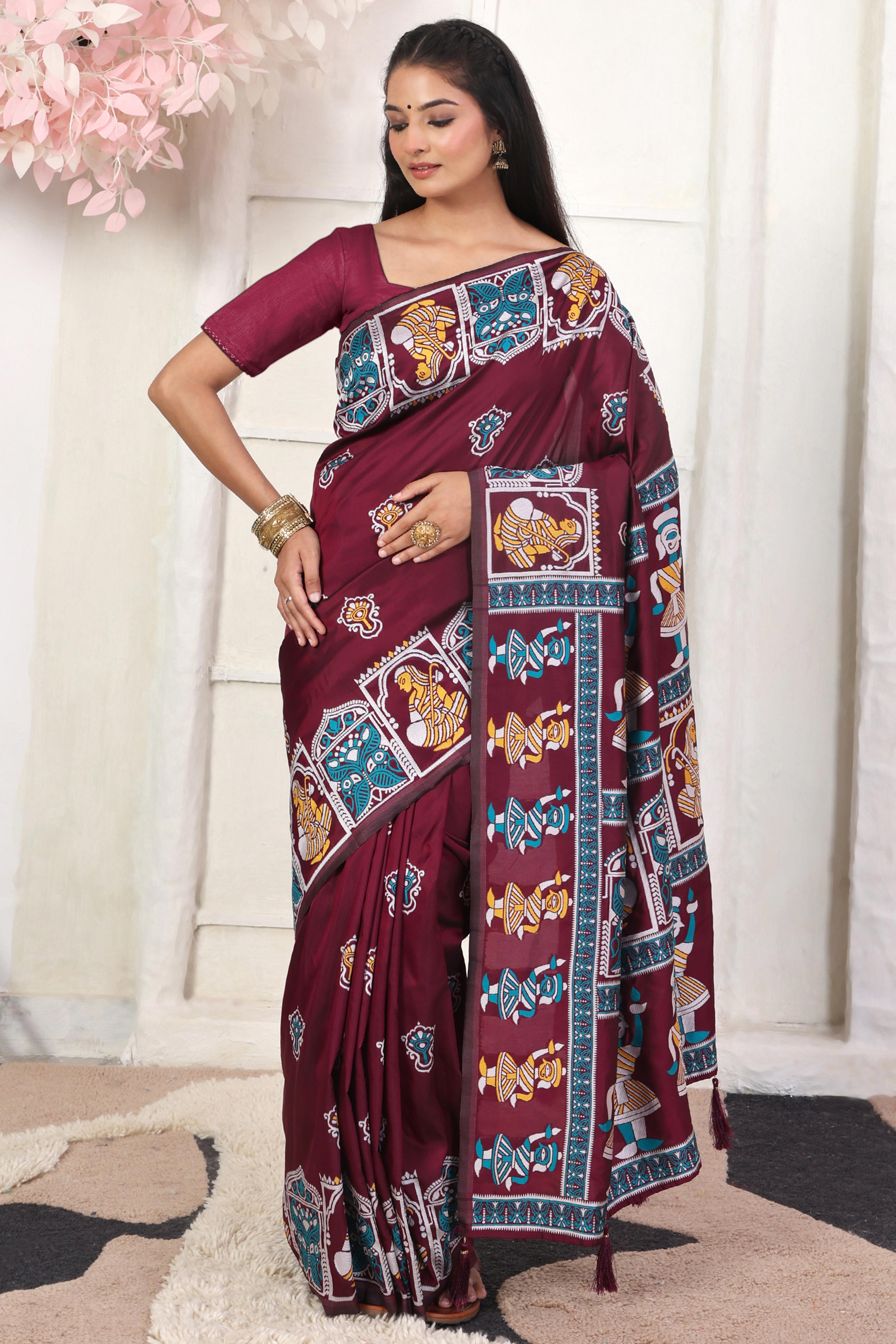 Dark Wine Ethnic Madhubani Print Silk Blend Saree Enhanced With Tassel Pallu Accents