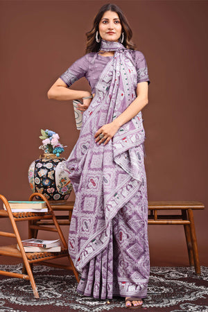Traditional Bandhani Inspired Woven Purple Saree in Breathable Linen Cotton