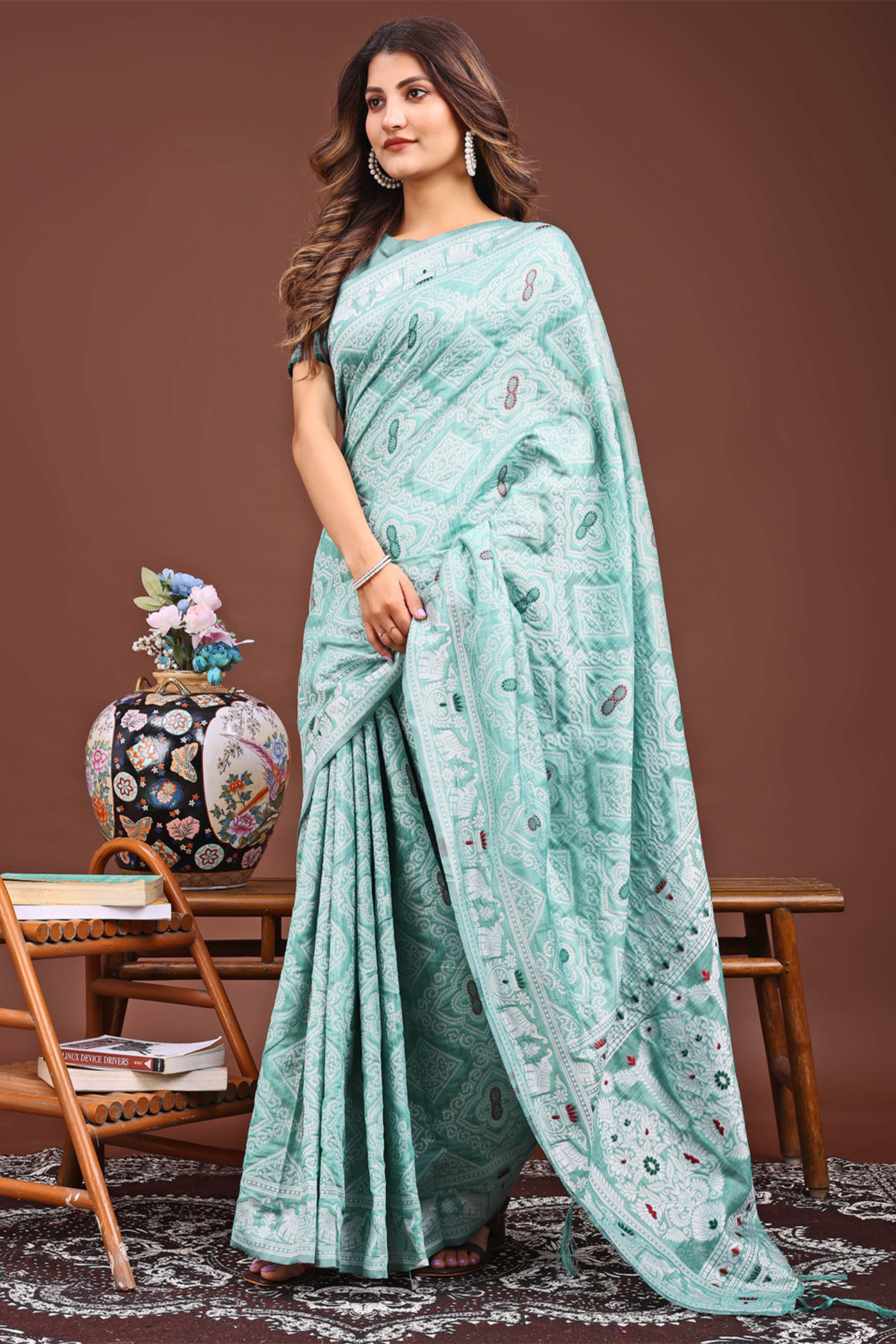 Traditional Bandhani Inspired Woven Sea Green Saree in Breathable Linen Cotton