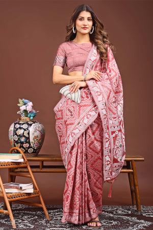 Traditional Bandhani Inspired Woven Peach Saree in Breathable Linen Cotton