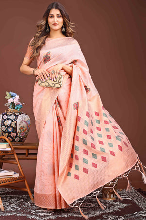 Peach Floral Zari Weaving Linen Cotton Saree With Tassel Pallu Accent