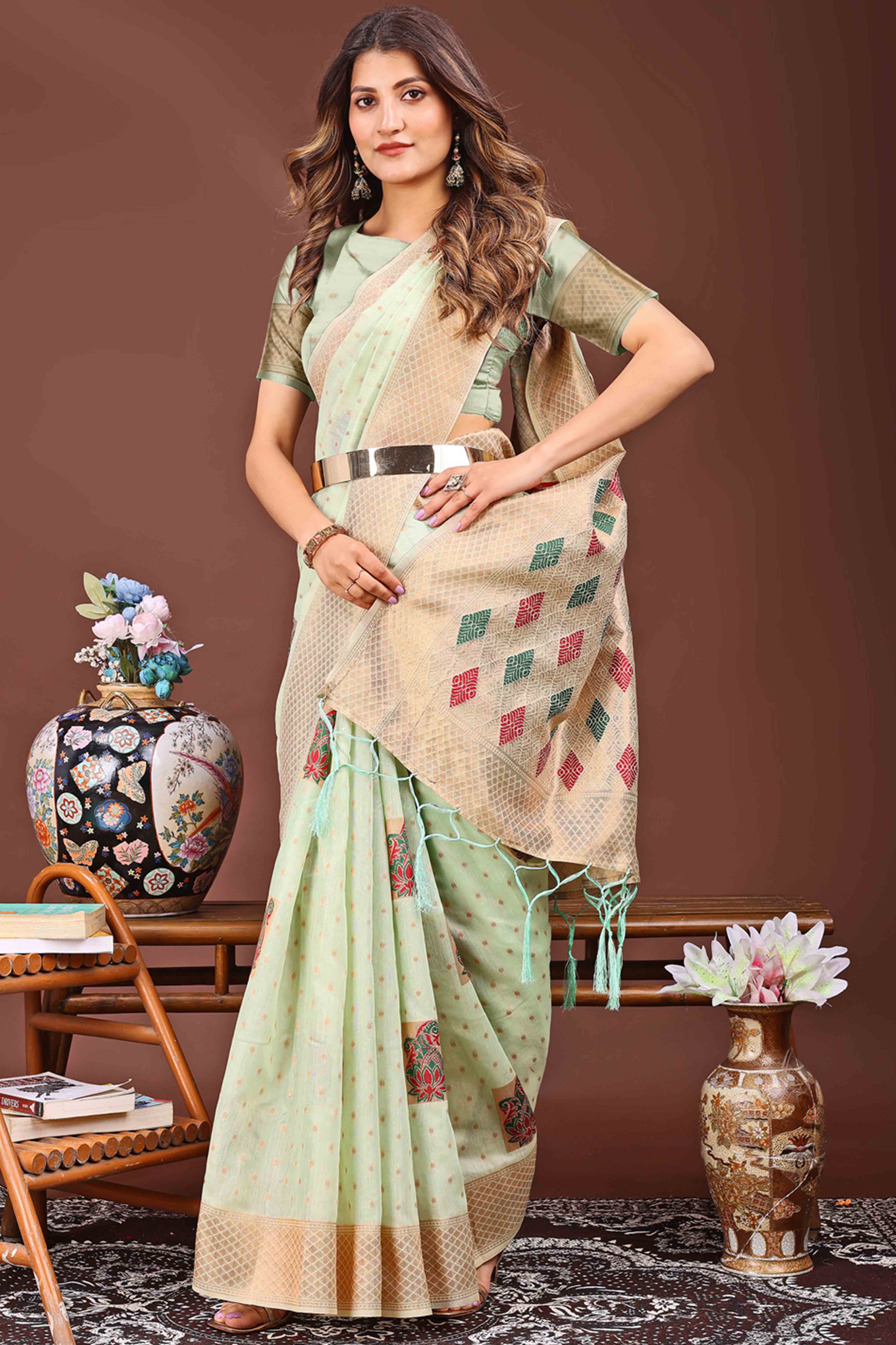 Light Green Floral Zari Weaving Linen Cotton Saree With Tassel Pallu Accent
