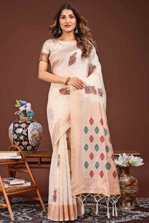 Offwhite Floral Zari Weaving Linen Cotton Saree With Tassel Pallu Accent